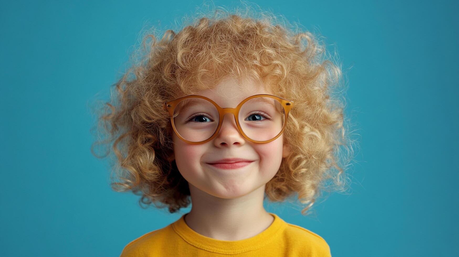A charming child with glasses, radiating joy against a vibrant blue backdrop. Her curly hair and warm smile captivate the eye. photo