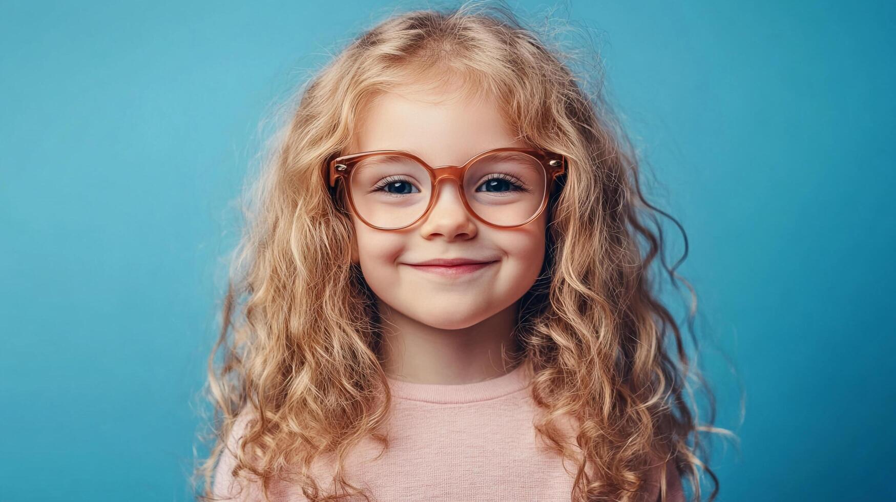 A girl with long, wavy blonde hair and wearing glasses smiles against a vibrant blue backdrop. She's looking at the camera. photo