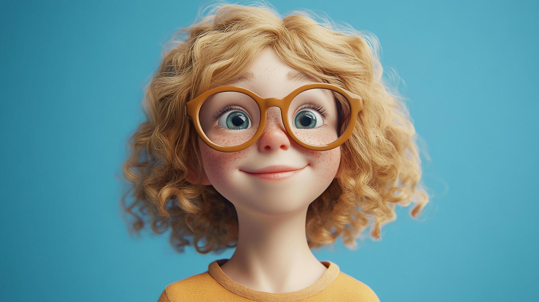 Cartoon girl with freckles and glasses smiles sweetly against a blue background. Her blonde, curly hair frames her face. photo