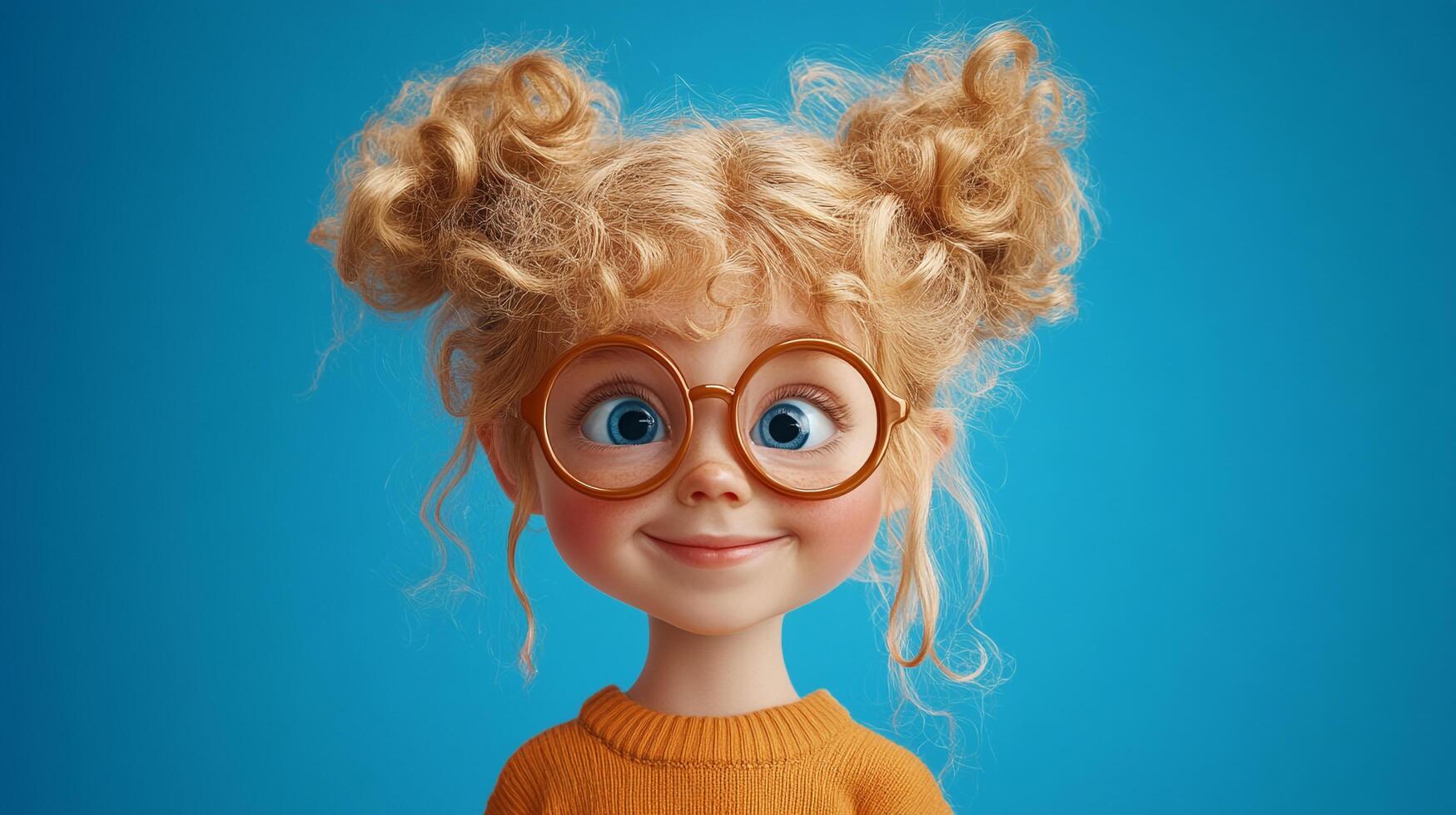 Charming girl with pigtails and round glasses beams against a vibrant blue background, radiating joy and childhood innocence. photo