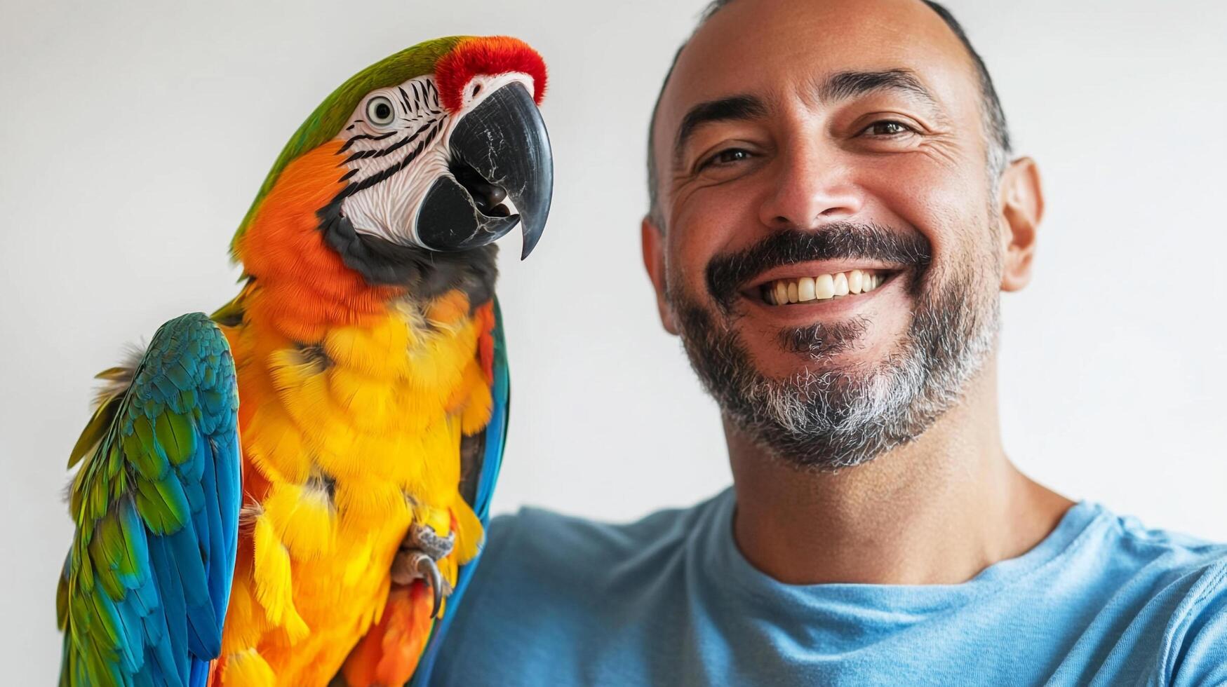 Man smiles as a vibrant parrot sits perched upon his shoulder, their connection evident in this heartwarming portrait of companionship. photo
