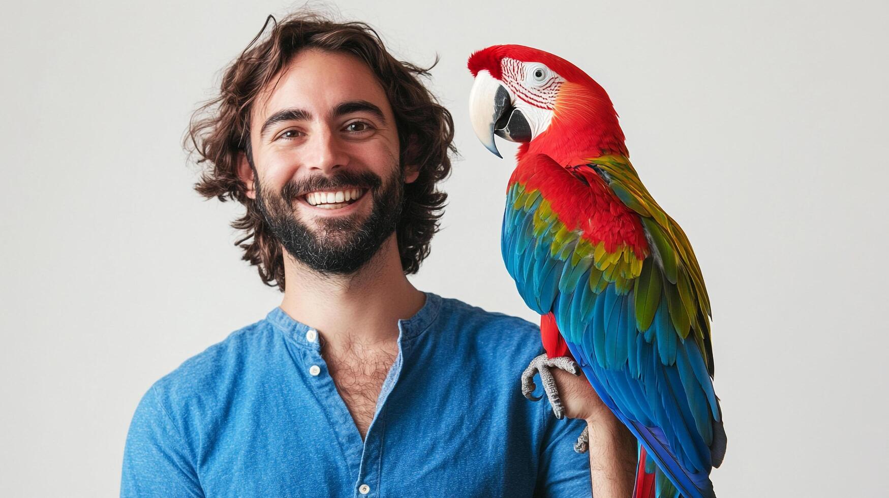 Happy man with colorful parrot perched on his hand, smiling cheerfully against a plain backdrop, creating a vibrant and joyful portrait. photo