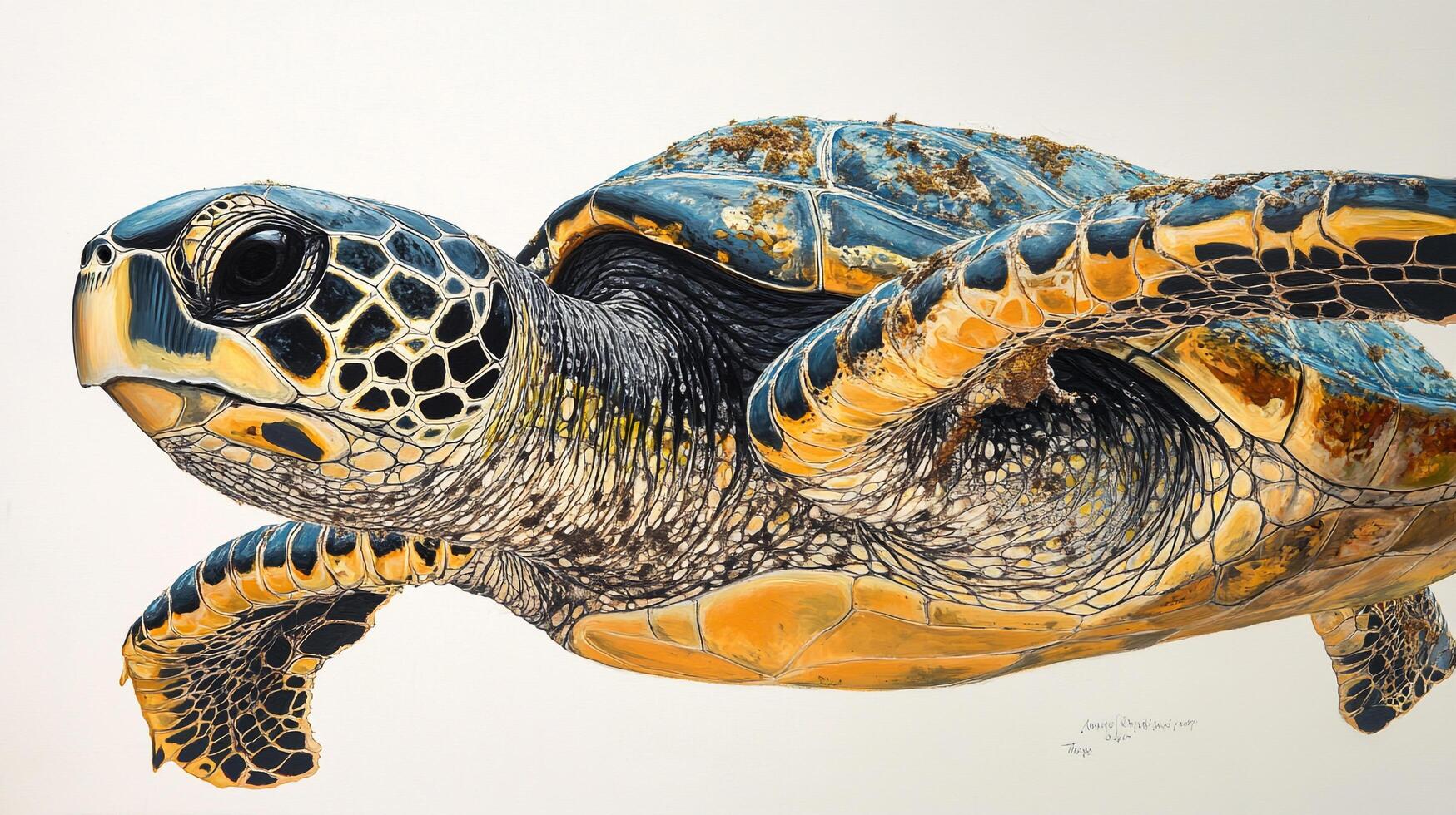 A detailed watercolor painting of a sea turtle with a blue and brown shell. The turtle is depicted in mid-swim on an off white background. photo