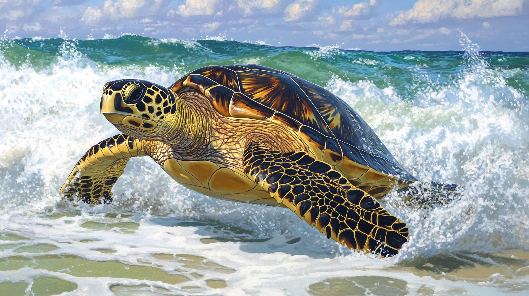 Sea turtle gracefully navigates crashing waves, sunlight glinting off its shell. A stunning showcase of marine wildlife in its element. photo