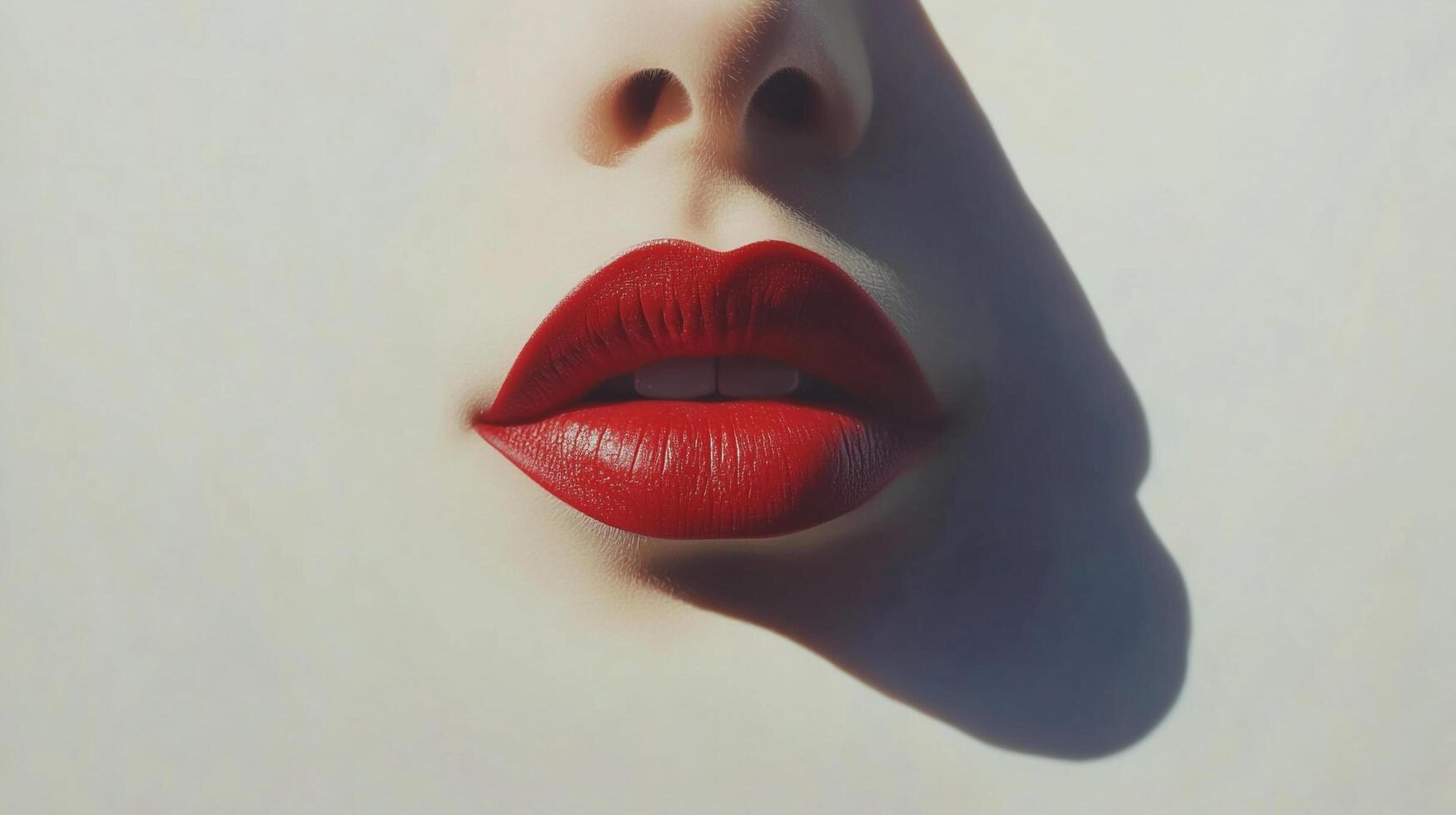 Close-up of a woman's face, highlighting her bright red lips against a smooth complexion with a dramatic light and shadow effect. photo