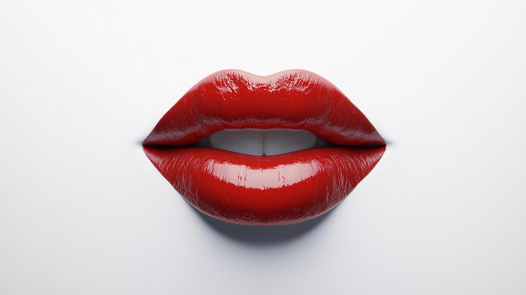 Close-up of red lips with a glossy finish, against a plain white background, emphasizing the vibrant color and smooth texture. photo