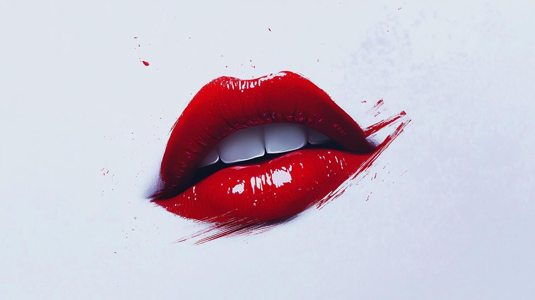 Close-up of glossy red lips with stark white teeth against a minimalist background, conveying beauty, boldness, and the power of expression. photo