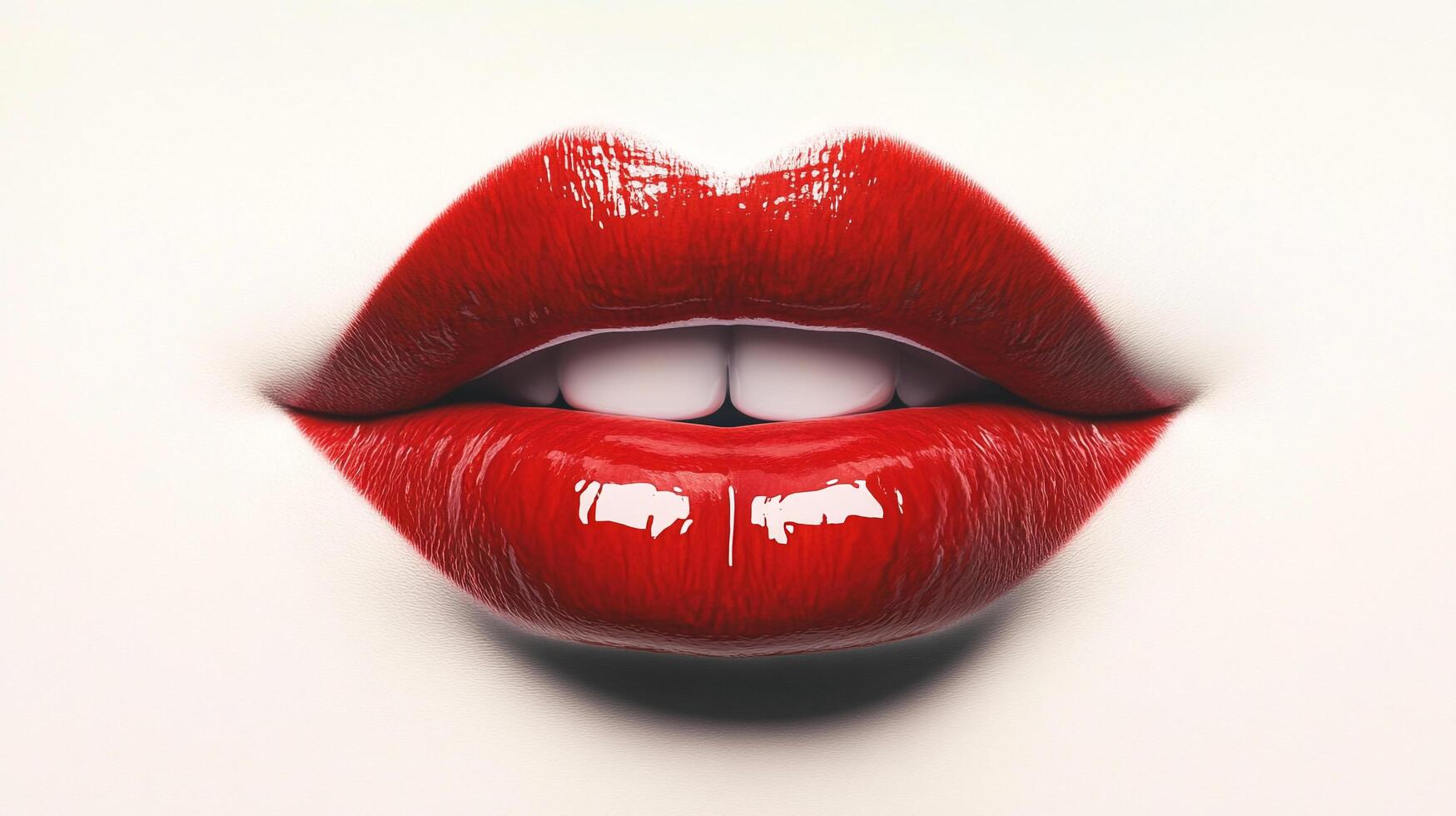 Glossy red lips and pearly white teeth on a light complexion. Intense color and shine create a captivating facial close-up. photo