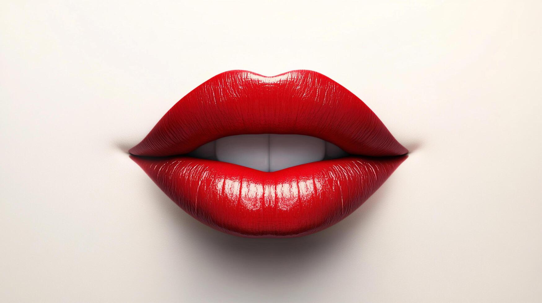 Close-up of glossy red lips slightly parted against a neutral background, showcasing a bold, confident expression and flawless texture. photo