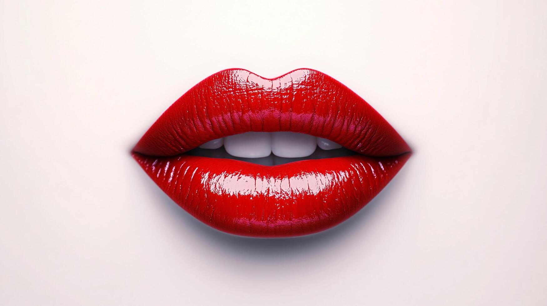Close-up of lips with a vibrant red color, against a neutral background, emphasizing the texture and gloss of the lip color. photo