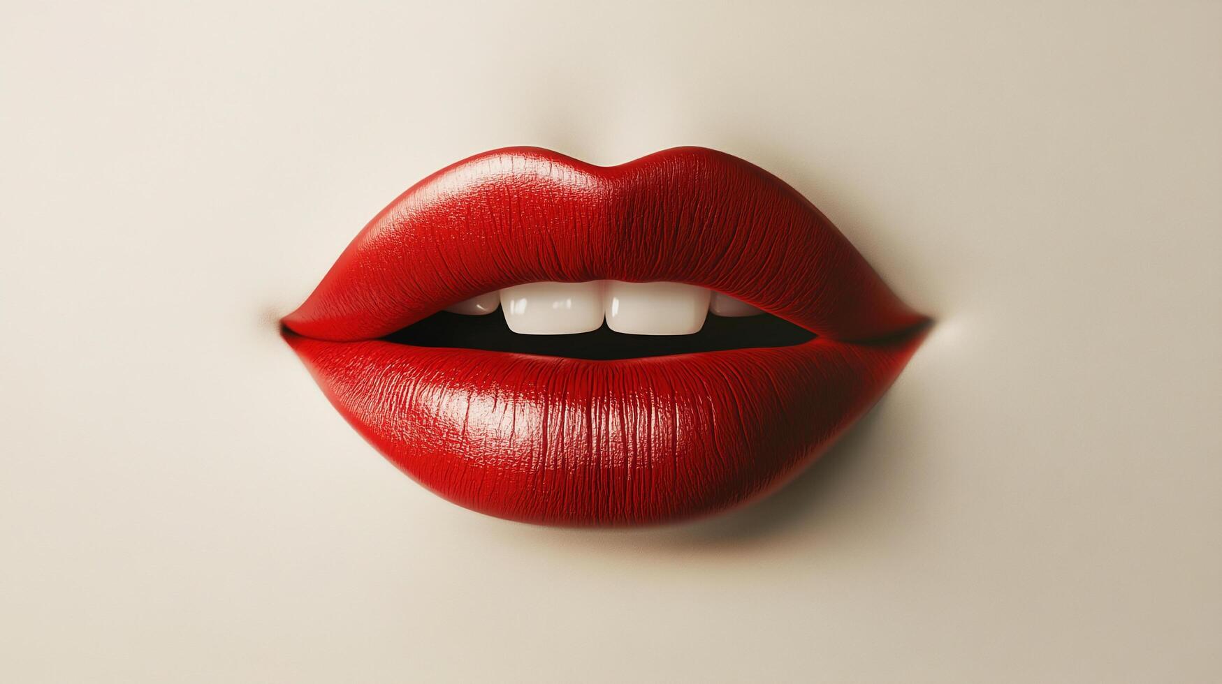 Close-up of glossy red lips parted to reveal white teeth, set against a clean, neutral backdrop. A focus on beauty and simple elegance. photo