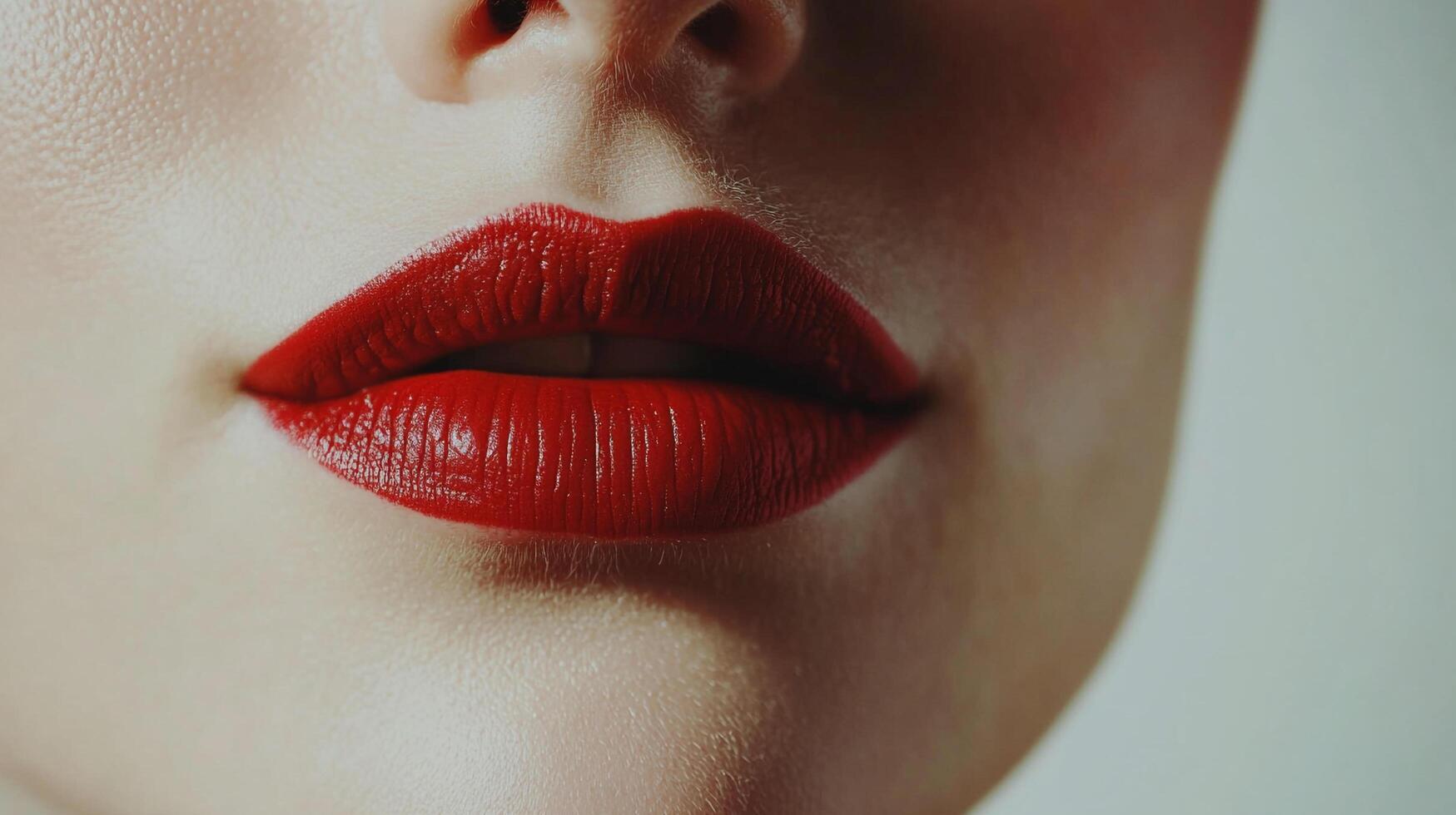 A close-up shot of a face highlights vibrant red lips, displaying a focus on cosmetic allure and beauty. The bright hue draws attention. photo