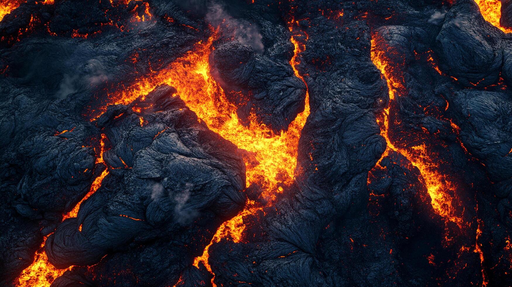 Molten lava flows amidst dark, cooled rock formations, a stunning display of nature's destructive and creative power. photo