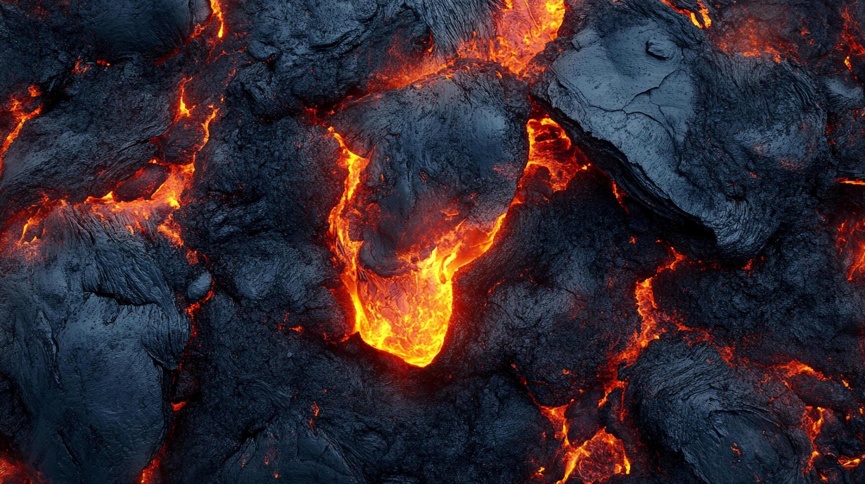 Molten rock glows vividly between jagged, cooled volcanic formations. Texture shows rugged terrain with dramatic natural elements. photo