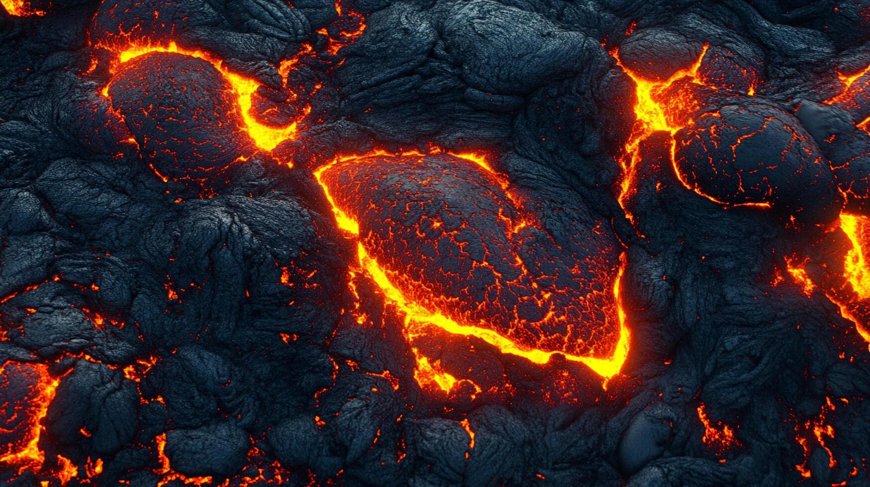 Molten lava flow with bright orange cracks. Close-up captures textures and colors in abstract geological formation, capturing nature's power. photo