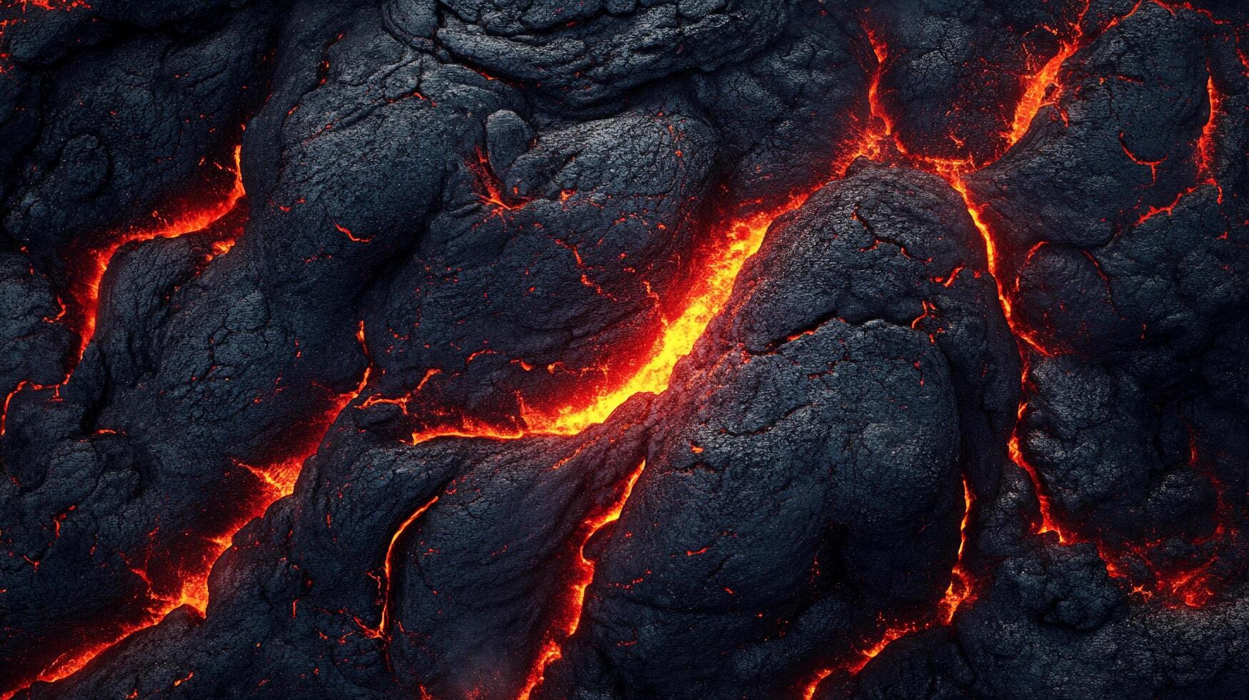 Volcanic rock with glowing red magma. Dark texture with bright, fiery veins creates a dramatic and otherworldly landscape of natural power. photo