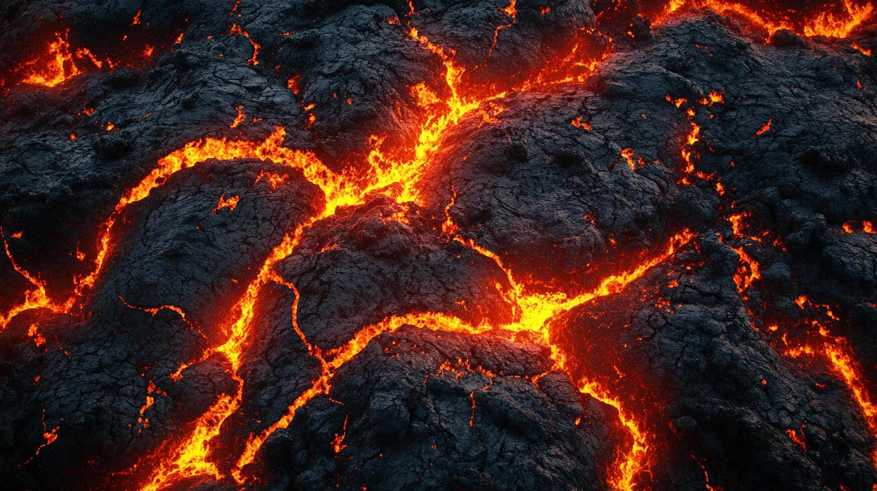 Molten rock veins crackle across a dark volcanic terrain, creating a striking contrast between fire and stone. photo