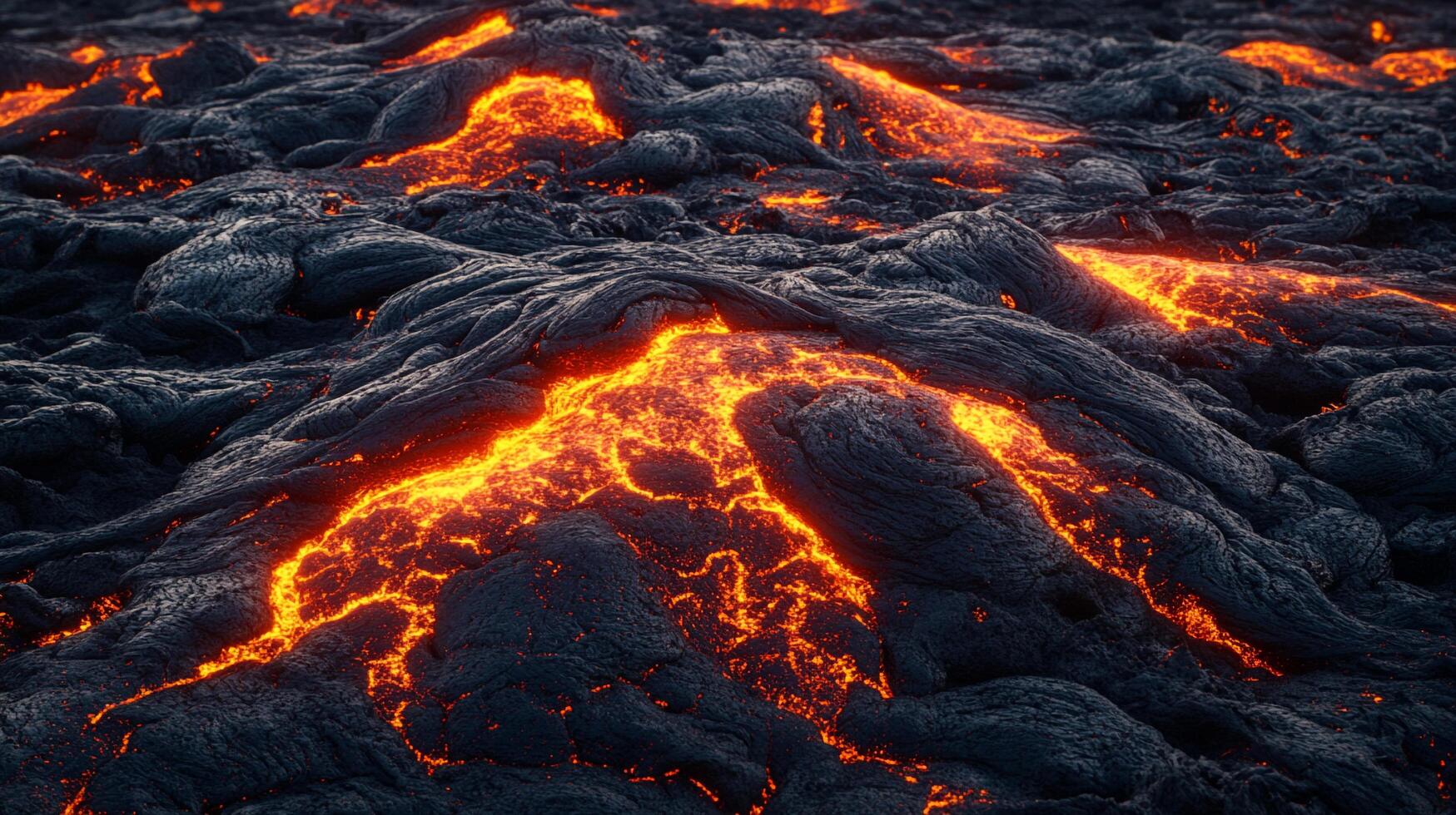 Molten lava flows across a volcanic landscape, creating a mesmerizing display of earth's raw power and geological transformation. photo