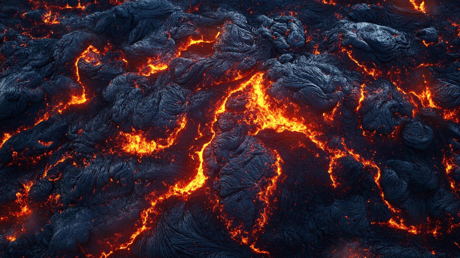 Molten rock is flowing, solidifying as it cools. The contrast is striking as red hot lava spreads across the black volcanic surface. photo