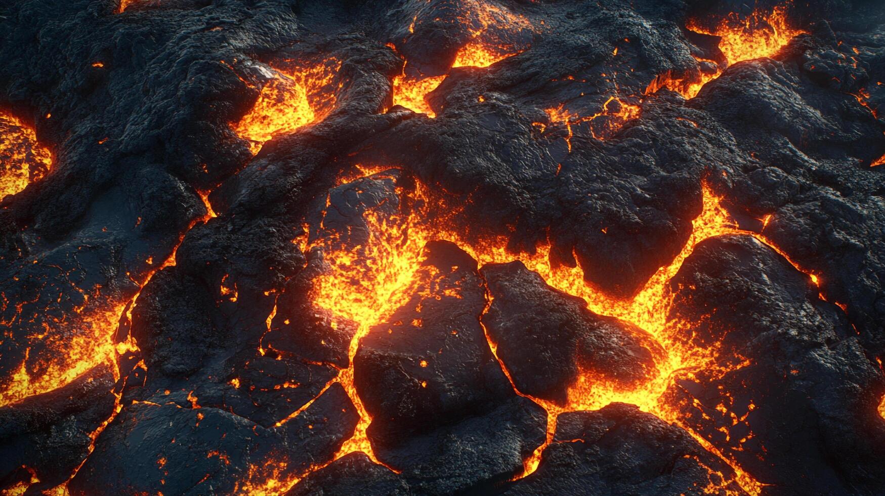 A surreal landscape of molten rock and hardened lava creates a stark contrast between vibrant heat and the dark, solid earth. photo