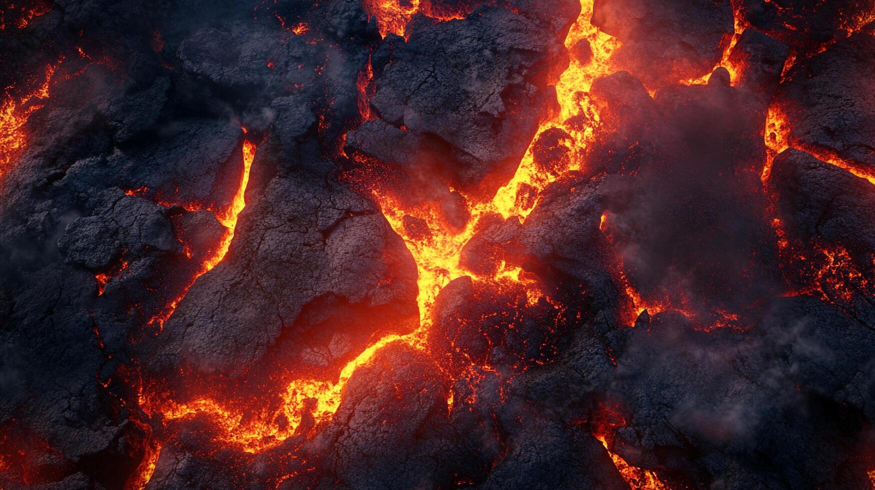 Molten lava flows through cracks in dark, hardened volcanic rock, creating a stunning display of intense heat and geological activity. photo