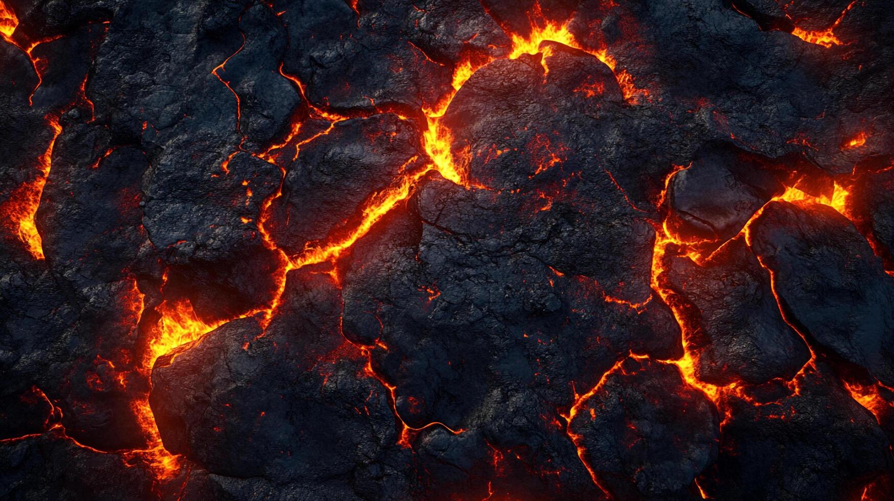 Molten rock streams through black volcanic surface, radiating heat, with intense contrast in light and shadow. photo