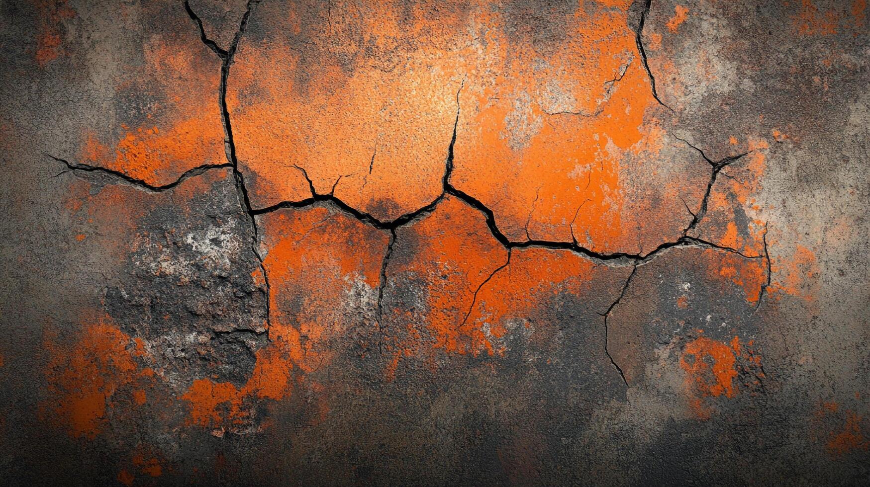 Distressed wall surface with vibrant orange patches and deep cracks. Captivating texture for backgrounds, design projects, or artistic compositions. photo