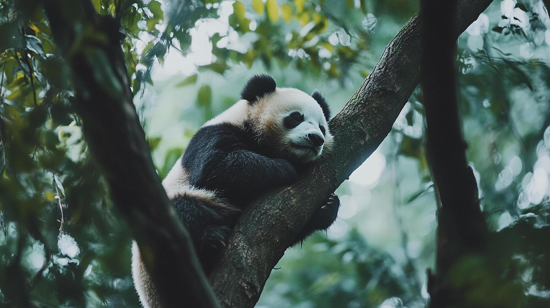 A giant panda peacefully rests on a sturdy tree branch, surrounded by lush greenery in its natural habitat. A serene moment captured. photo