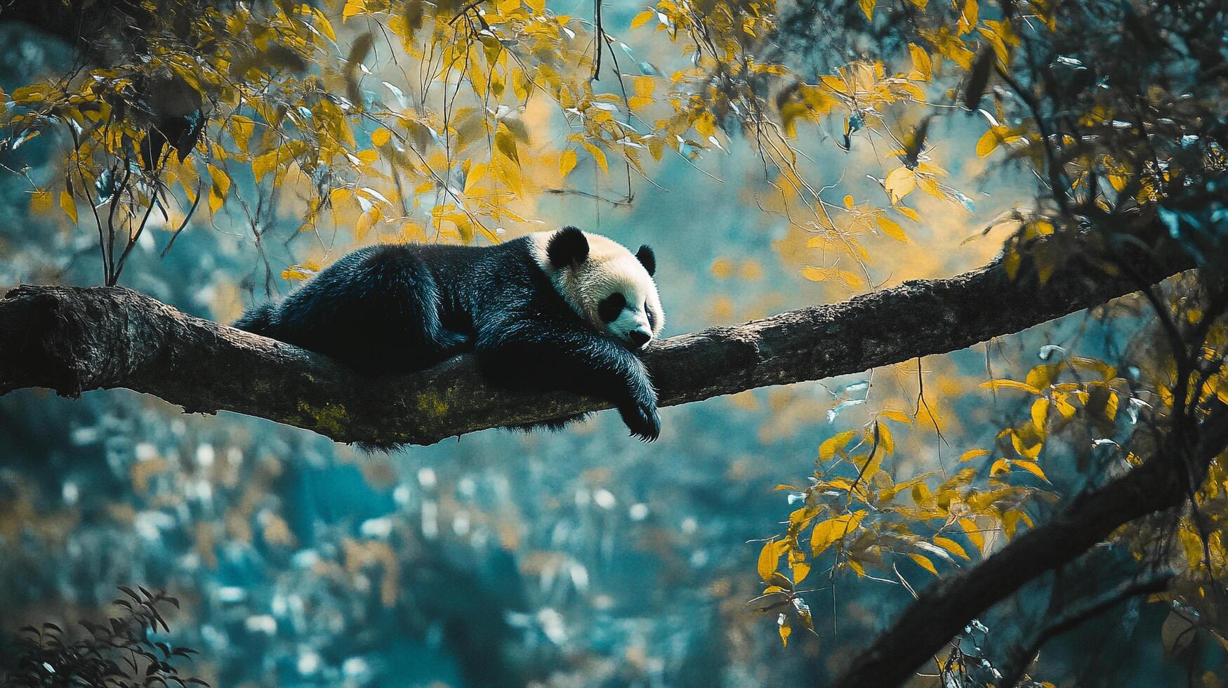 Panda resting in a tree, enjoying a peaceful moment in its natural habitat, surrounded by nature's beauty. photo