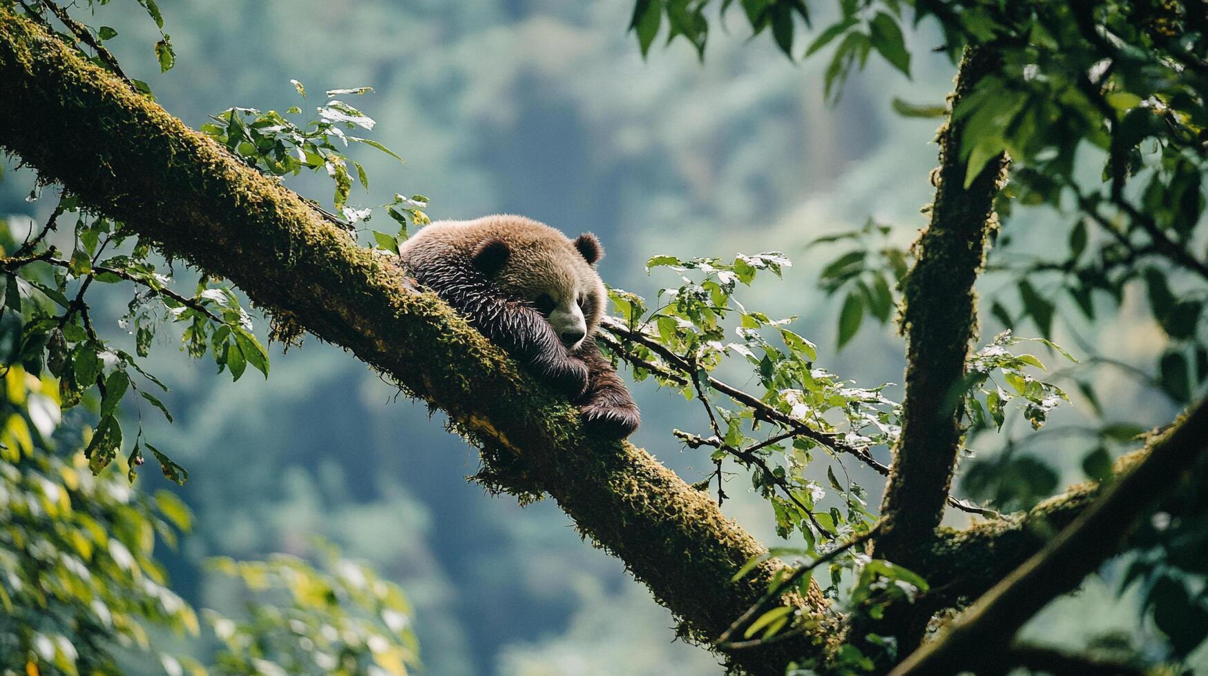 A brown bear cub rests peacefully on a moss-covered tree branch amidst a lush forest, its head tucked in for a nap in its natural habitat. photo