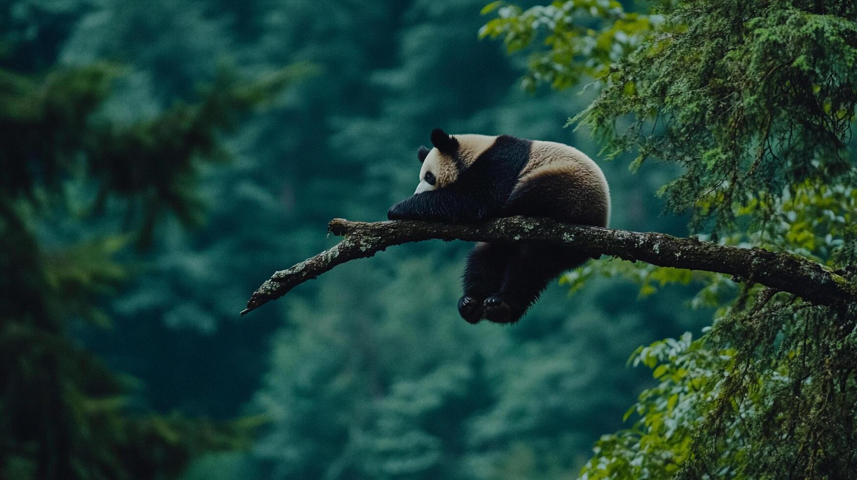 Panda resting peacefully on a tree branch amidst a lush green forest backdrop, showcasing its natural habitat and solitary nature. photo