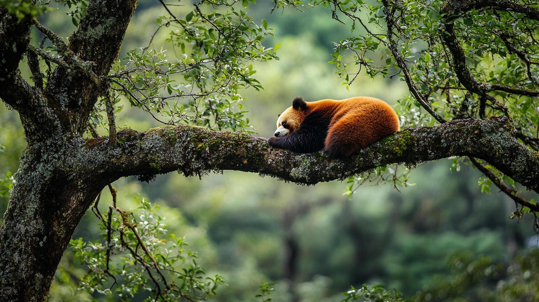 Red panda napping peacefully on a mossy tree branch amidst a lush green forest canopy, creating a serene wildlife scene. photo