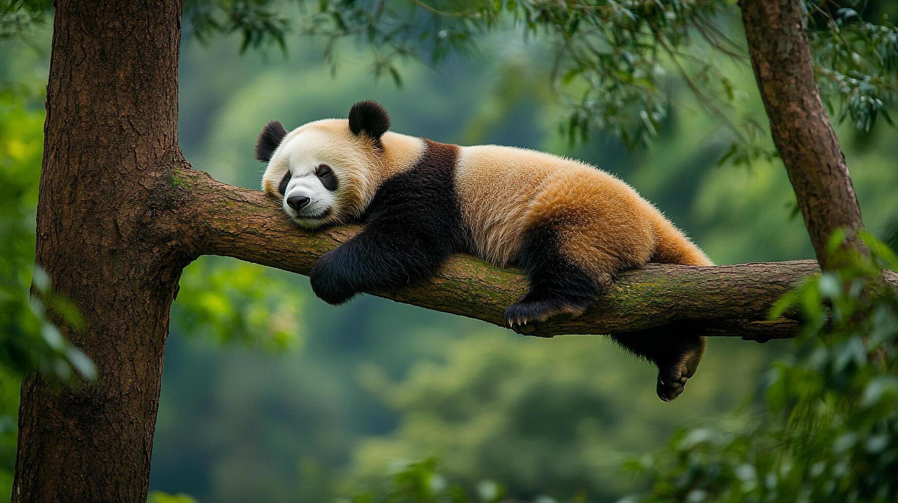 Giant panda taking a nap on a tree branch in its natural habitat, amidst green foliage. Conservation and natural habitat are essential. photo