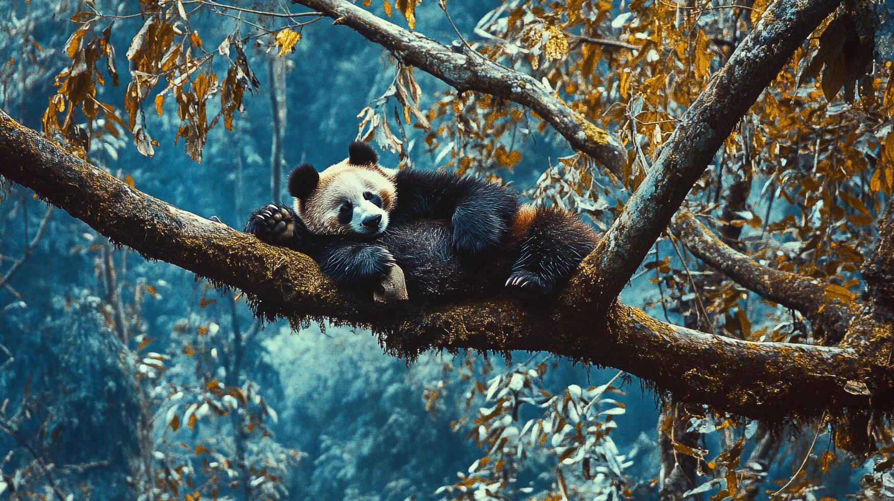 Sleeping panda blissfully rests on a mossy branch. The scene exudes tranquility and natural beauty, capturing a serene moment. photo
