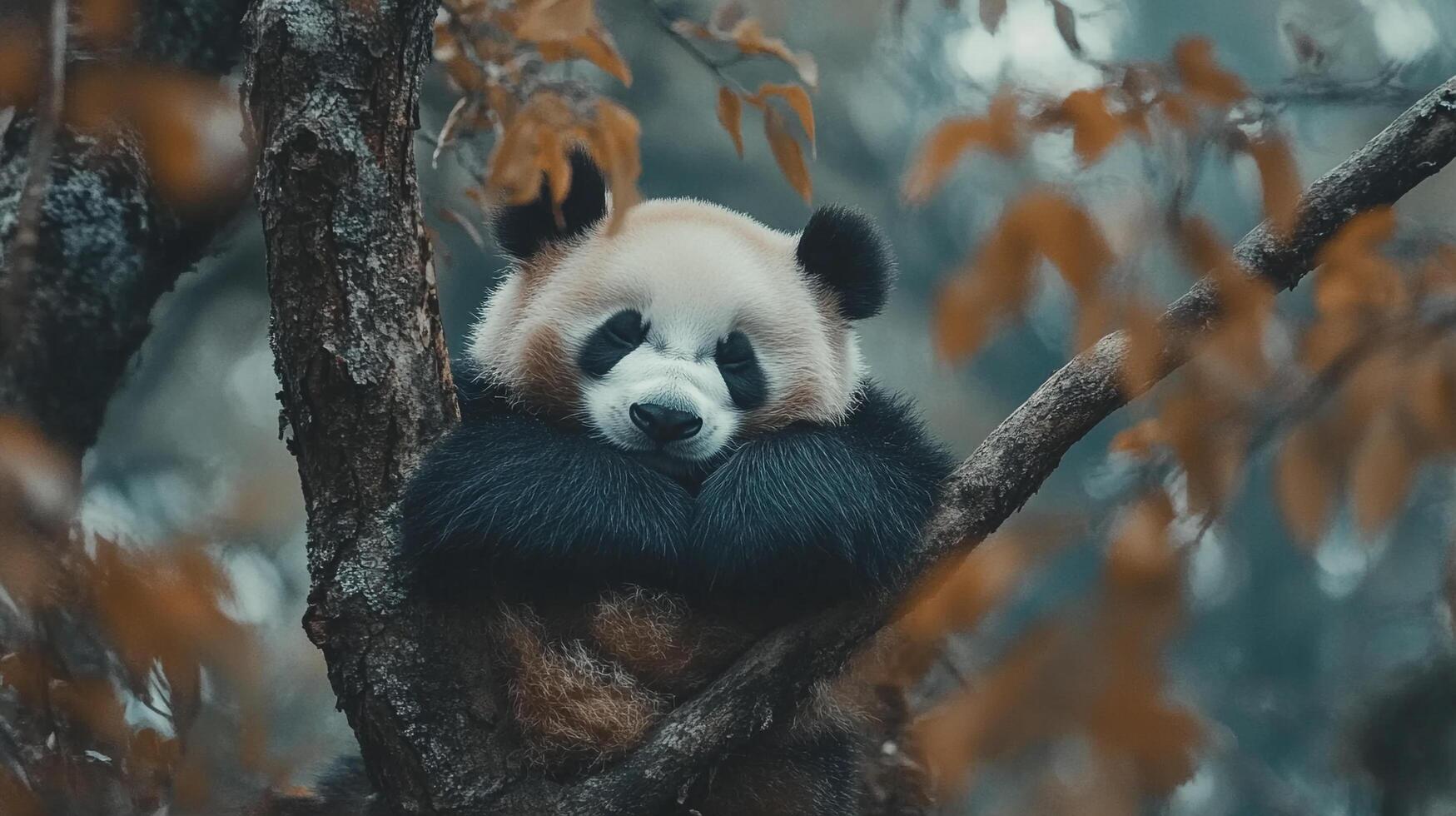 Sleeping panda in tree, a peaceful scene of wildlife in nature, showcasing the bear in its habitat, relaxed and undisturbed. photo