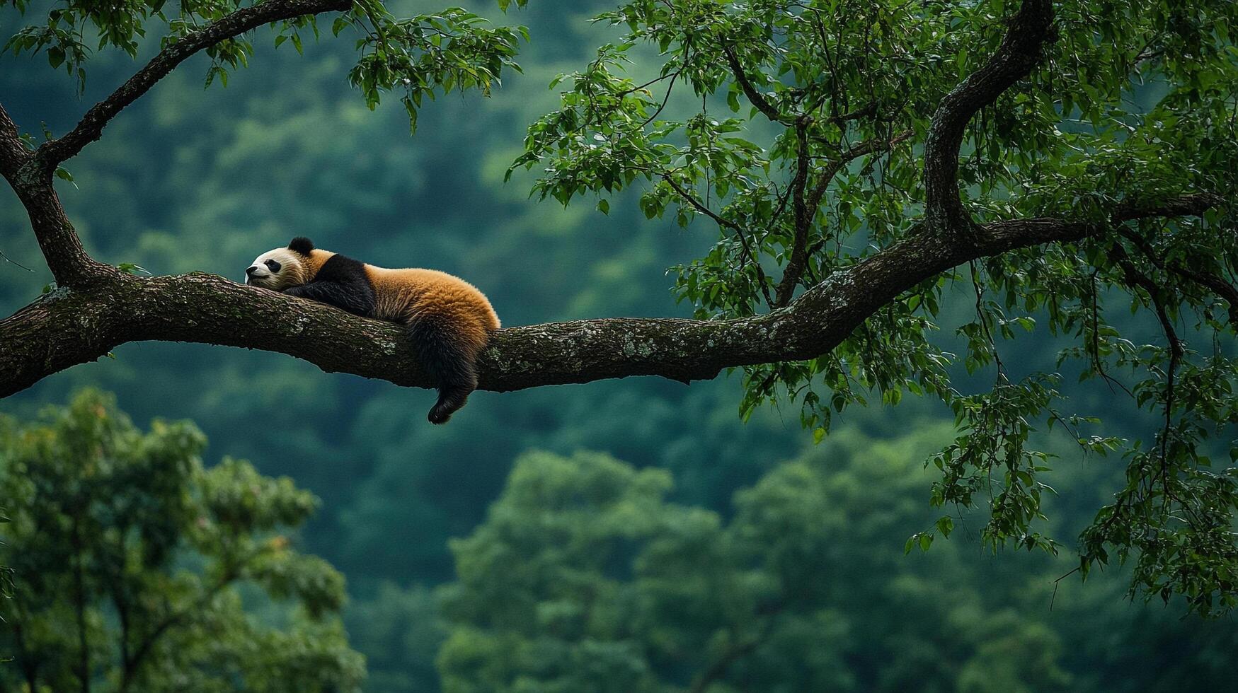 A panda takes a peaceful nap on a sturdy tree branch, surrounded by lush greenery in its natural habitat. Serene wildlife moment. photo