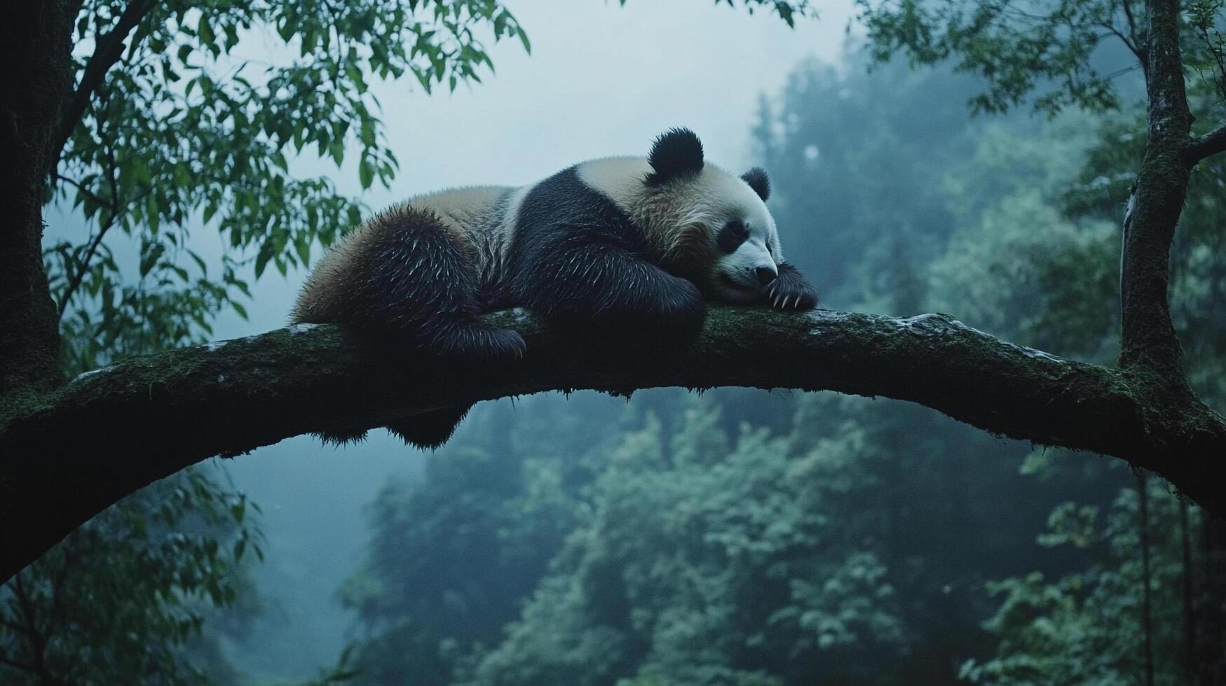 Panda resting on a tree branch in a lush, misty forest. The serene image captures the panda's peaceful moment in its natural habitat. photo