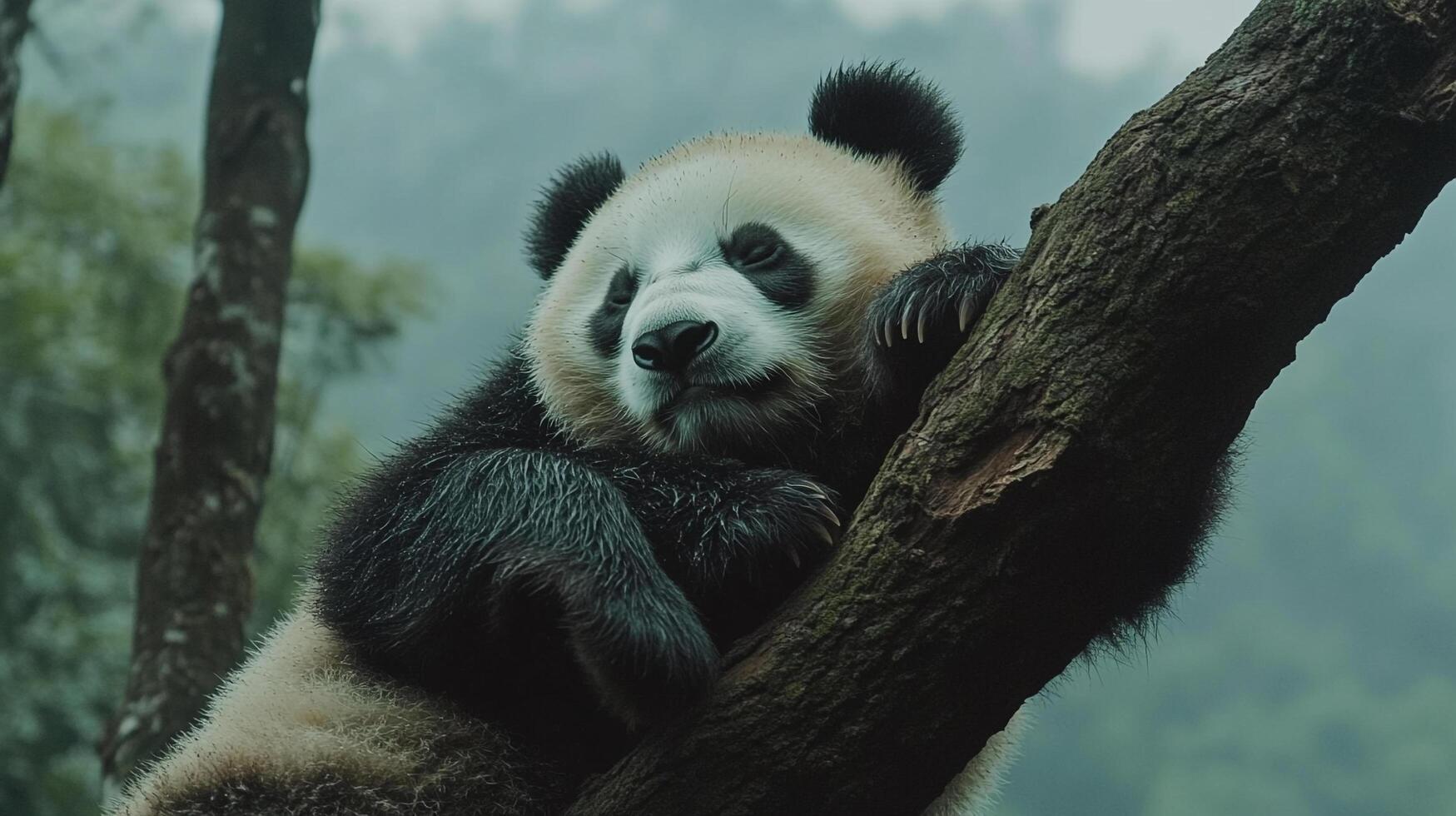 A giant panda rests comfortably on a tree branch, surrounded by a lush green forest, epitomizing tranquility in its natural habitat. photo