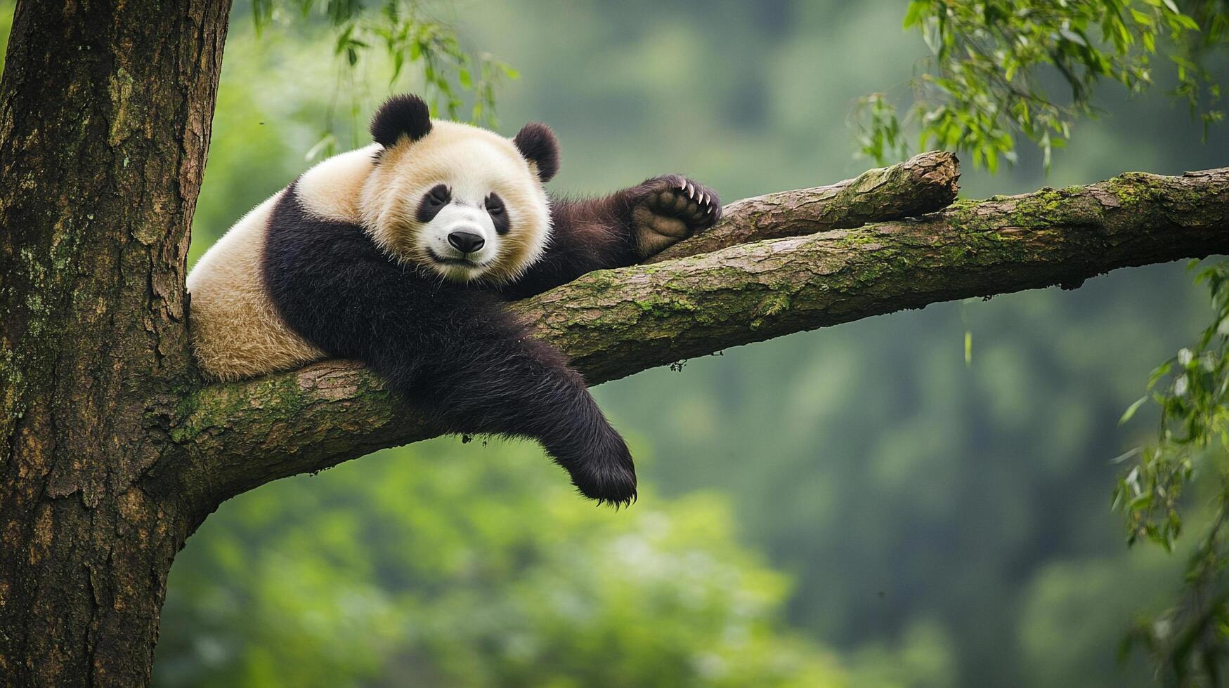 A relaxed giant panda is lounging comfortably on a tree branch, displaying a carefree attitude in its natural habitat. photo