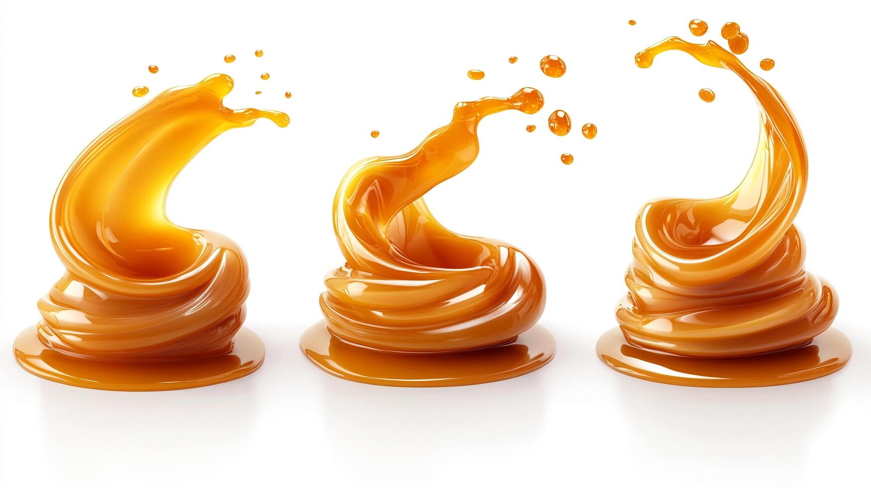 Swirling, glistening swirls of rich caramel sauce, creating a decadent visual treat on a clean, bright white background. photo