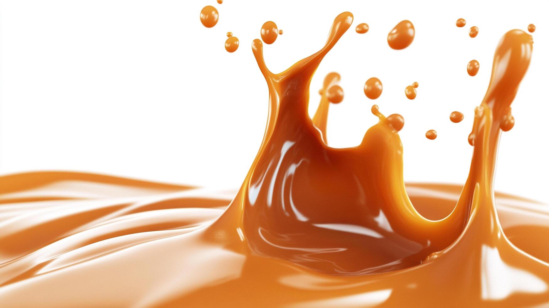 Liquid amber splash. A viscous, flowing, golden-brown substance, caught mid-air in a dynamic, crown-like eruption against white backdrop. photo