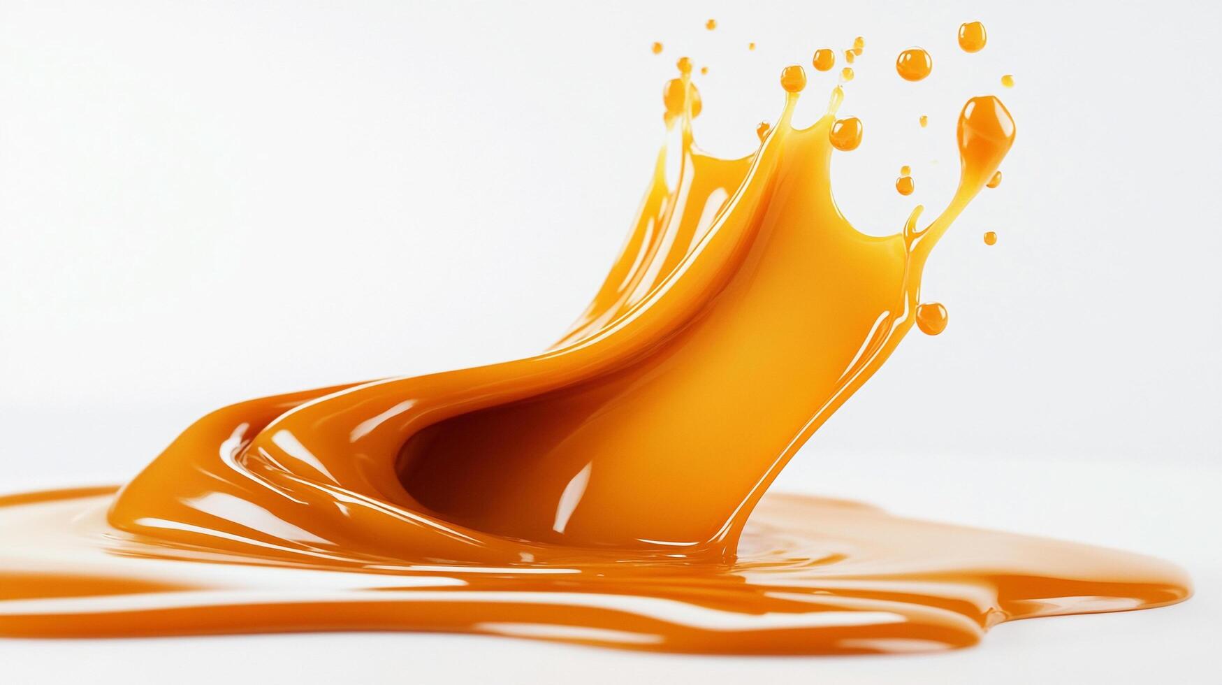 Golden liquid splash in mid-air, glossy and vibrant. Dynamic motion frozen in time, on pristine white background. photo