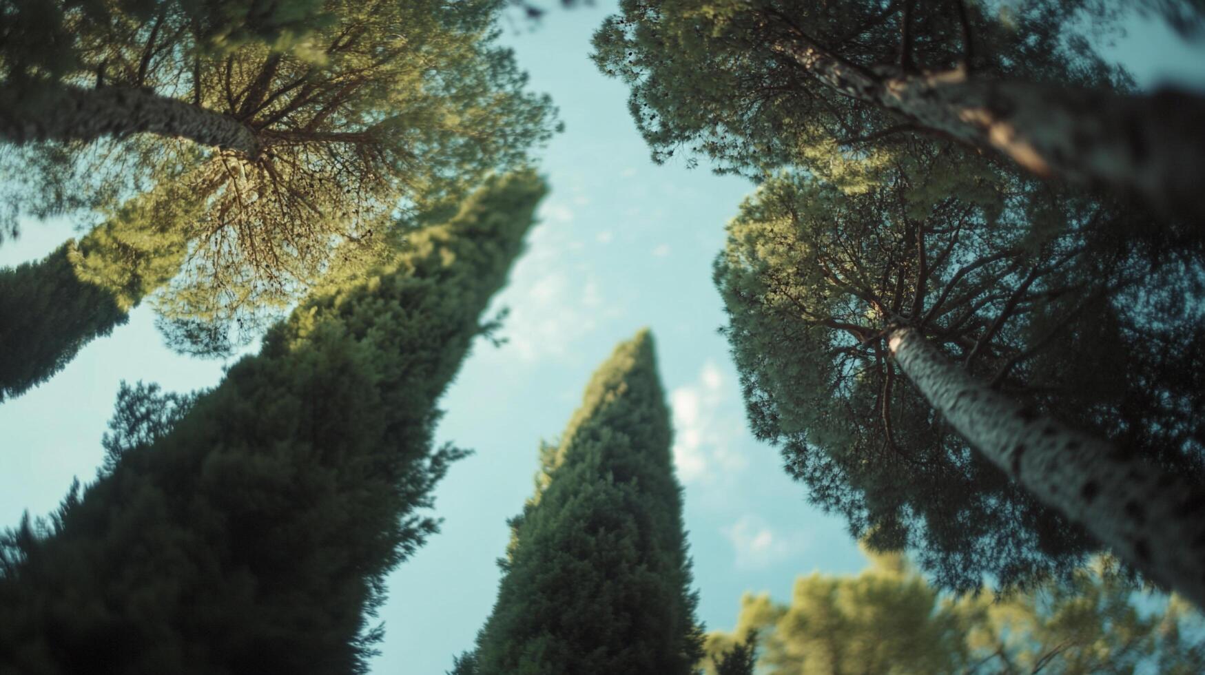 Skyward view of trees showcases nature's grandeur. Verdant canopy meets the light blue sky, offering a tranquil and awe-inspiring scene. photo