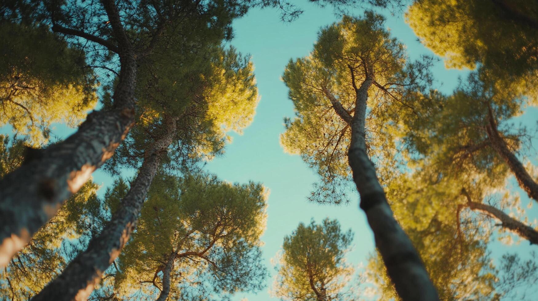 Looking up at tall trees with sunlight streaming through the leaves, set against a soft blue sky offering a tranquil forest view. photo