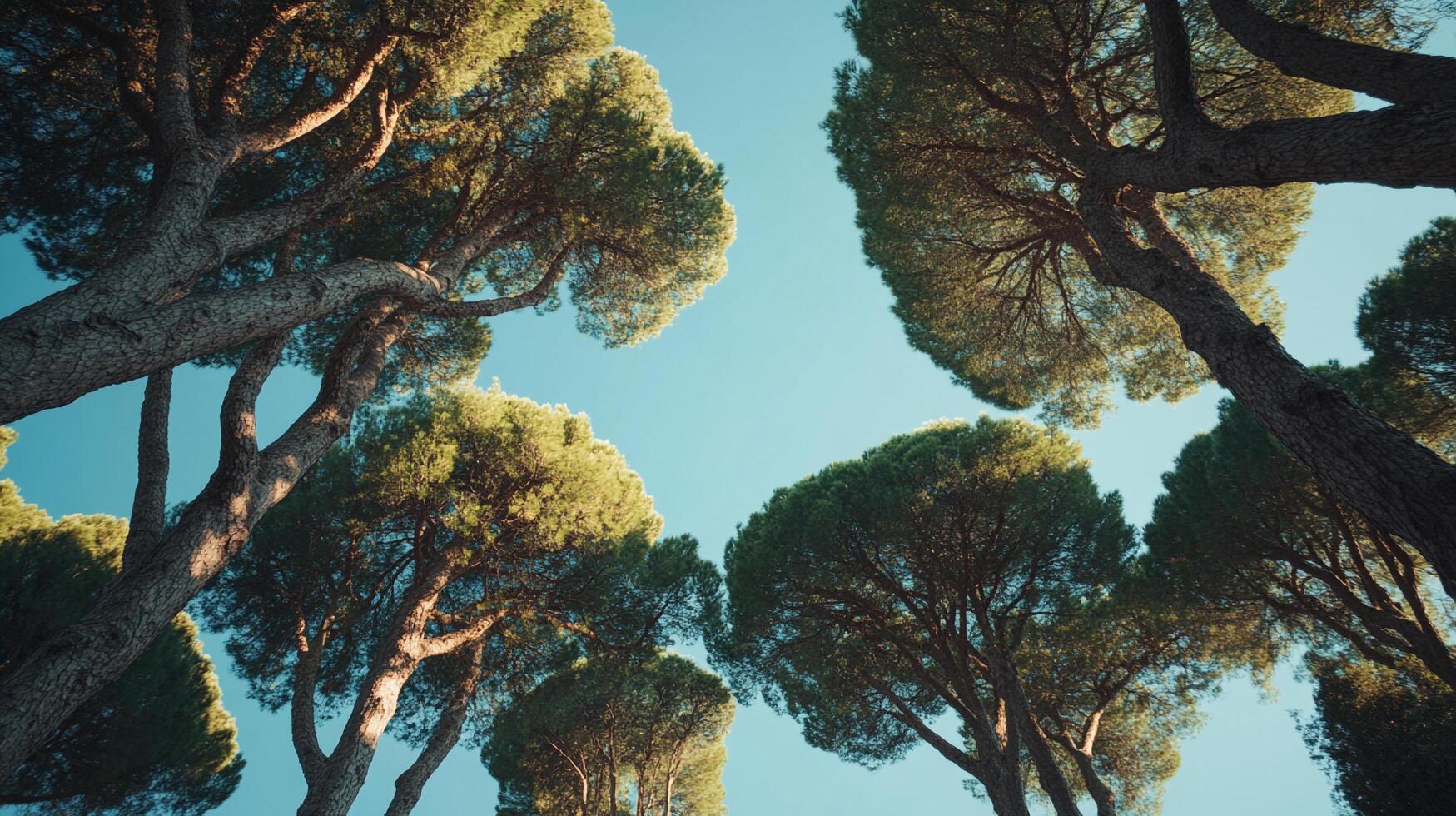 Looking up through majestic trees, their branches reaching towards a clear blue sky, capturing the beauty of nature's canopy. photo
