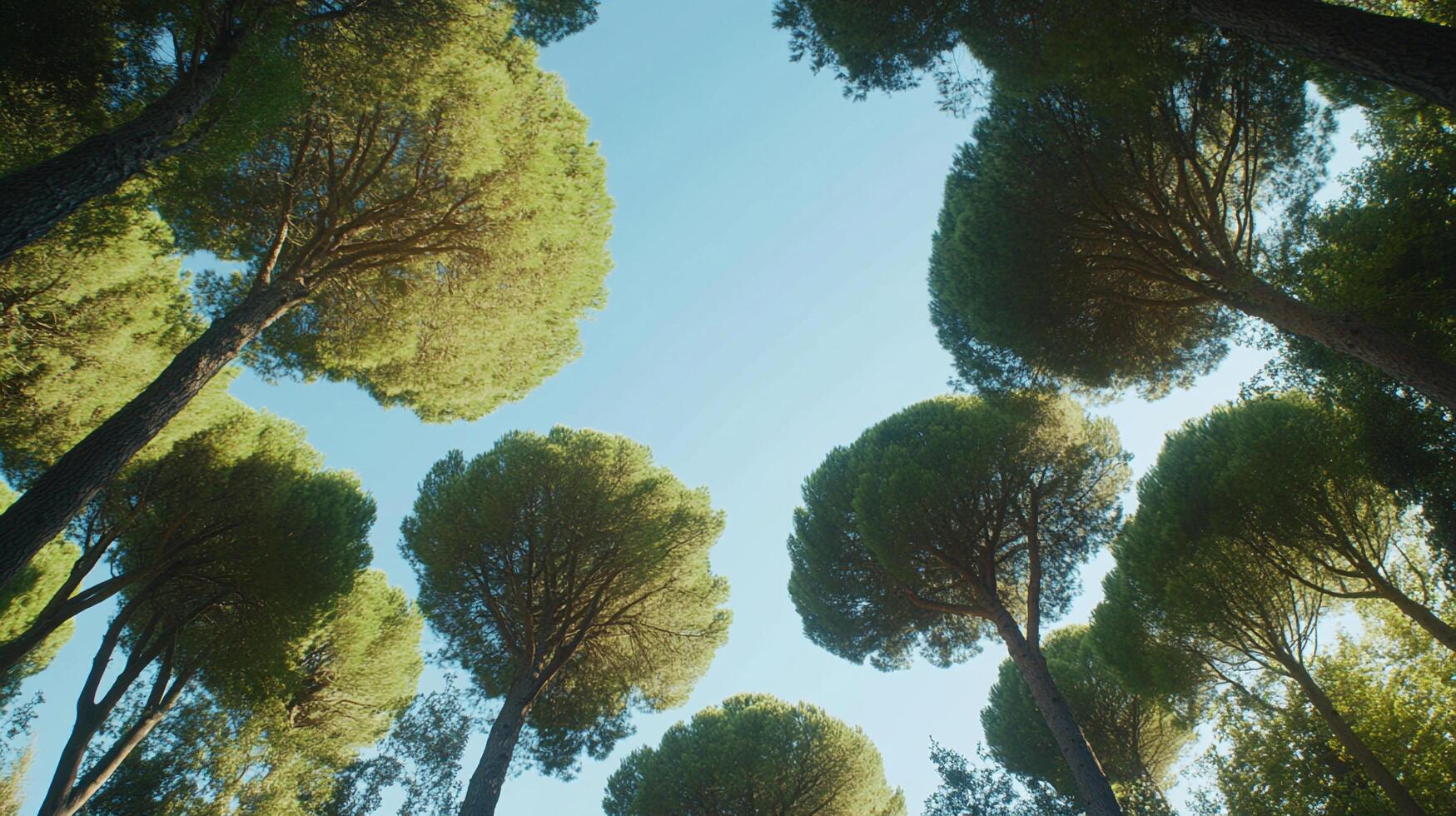 Looking up at a canopy of tall trees against a clear blue sky, creating a sense of peace and tranquility in nature's embrace. photo