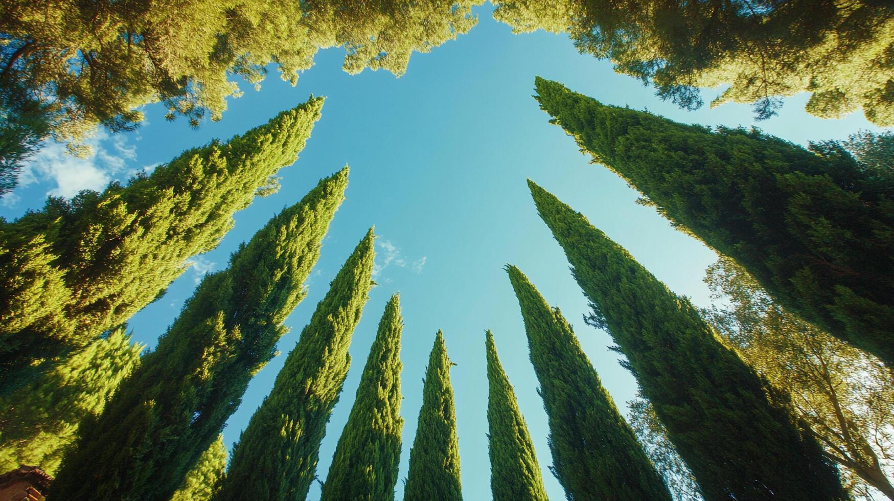 Low angle shot of tall, thin trees reaching into a blue sky. Green foliage on top, natural light highlights the beautiful nature scene. photo