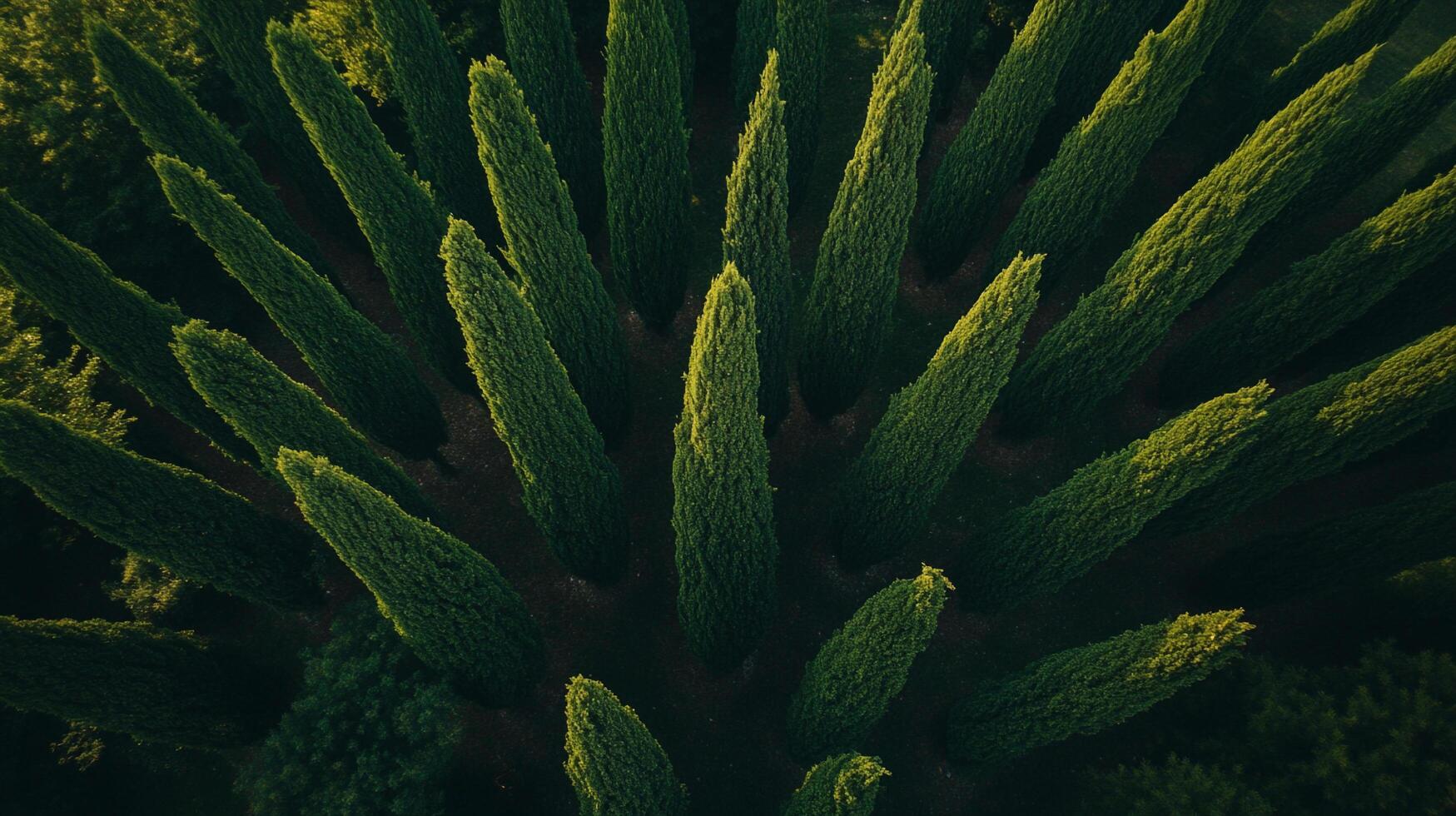 Aerial view of lush green cypress trees, creating a geometric pattern, illuminated by sunlight. Nature's stunning arrangement. photo