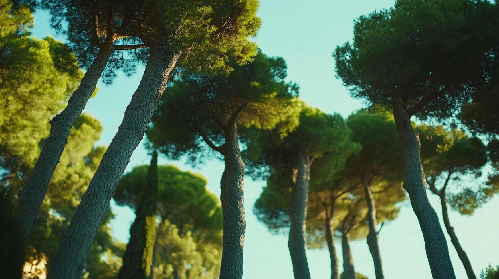 Upward view of a grove of evergreen trees on a sunny day, showcasing their height and lush green foliage against a clear blue sky. photo
