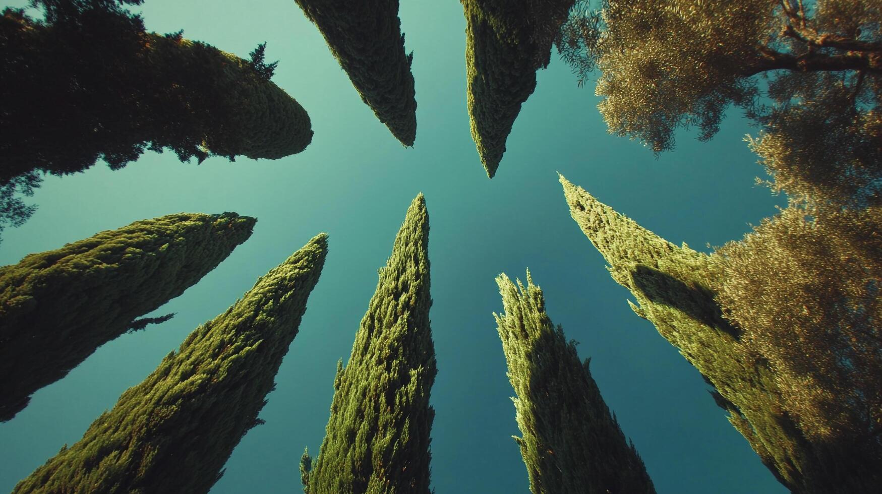 Looking up at a collection of tall trees with pointed tops against a clear blue sky, creating a nature-filled, upward perspective. photo